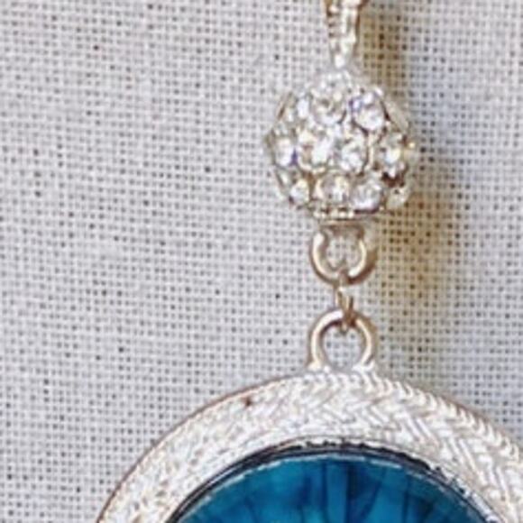 VTG Silver Tone Tassel Necklace Blue Cabochon Rhinestone Long Pendant Bold Retro - Picture 6 of 13